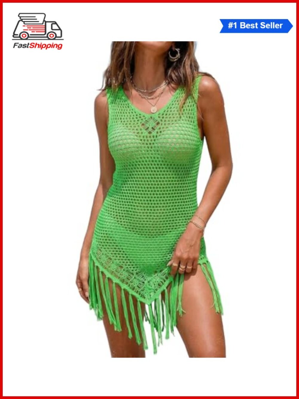 ✨Ekouaer Crochet Swim Cover Up Sleeveless Beach Bikini Coverup Tassel Vacation